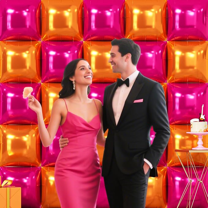NISOCY 25PCS Rose Red and Orange Square Foil Balloons Wall Backdrop Double Sided Rose Red Orange Balloons Arch Kit for Birthday Baby Shower Valentine's Day Wedding Tropical Party Decorations