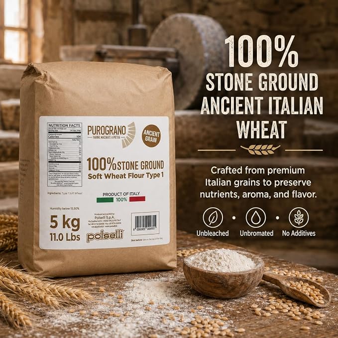 POLSELLI PuroGrano, 100% Stone Ground, Type 1 Soft Wheat Flour, 5 kg | Ancient Italian Grain For Sourdough Bread And Artisan Baking, Unbleached, Unbromated, No Additives, Product Of Italy.