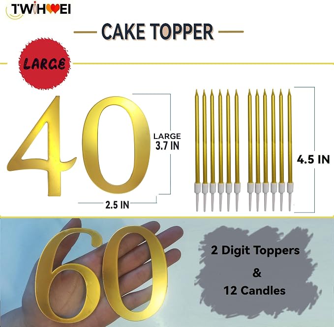 3.7IN Gold Acrylic Number 1-10 Cake Topper with 12 Gold Long Candles - Perfect for Birthday Party Supplies, Ideal for Cake Decoration (Number 40, Gold)
