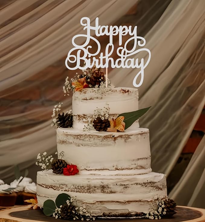 Happy Birthday Cake Topper - Silver Glitter Birthday Party Cake Decoration Supplies, Photo Booth Props