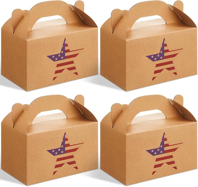 Colarr 24 Pcs 4th of July Treat Boxes Patriotic Star Prints Goodie Boxes with Handles 250th Anniversary Kraft Paper Cookie Box Candy Party Favor Box for Independence Day Fourth of July Celebration