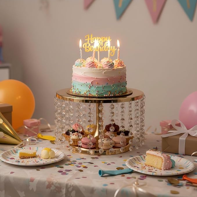 Cake Stand for Dessert Table 10 Inch Gold Crystal Pendants Metal Cake Stand Serves as A Round Dessert Cupcake Display Plate for Table, Wedding, Party, Event