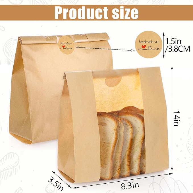 130 Pack Homemade Sourdough Bread Bags, 14" x 8.3" x 3.5" Large Paper Bread Bag with Window 160 Stickers for Bake Sale Bakery Storage