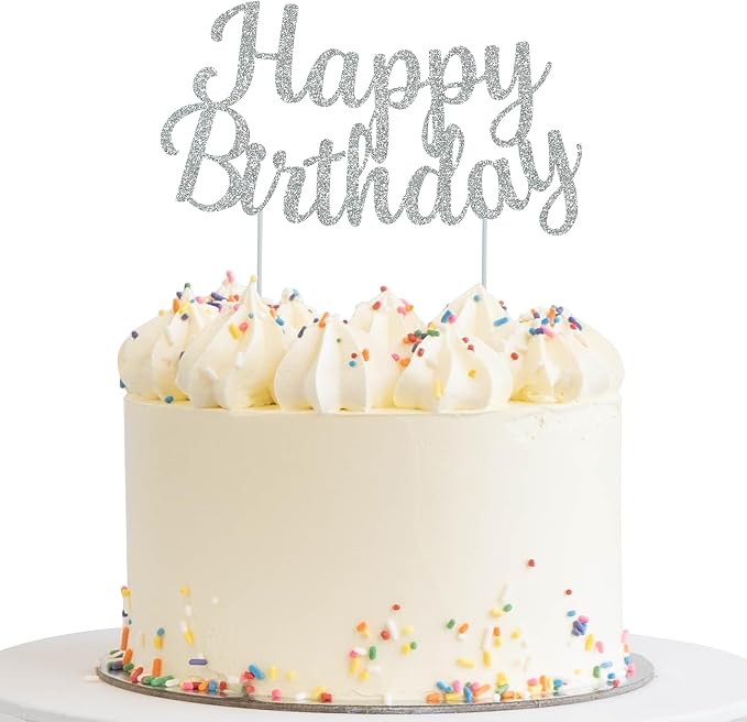 BEISHIDA Silver happy birthday Cake Topper, Happy Birthday Cake Bunting Decor,Birthday Party Decoration Supplies，Photo Booth Props