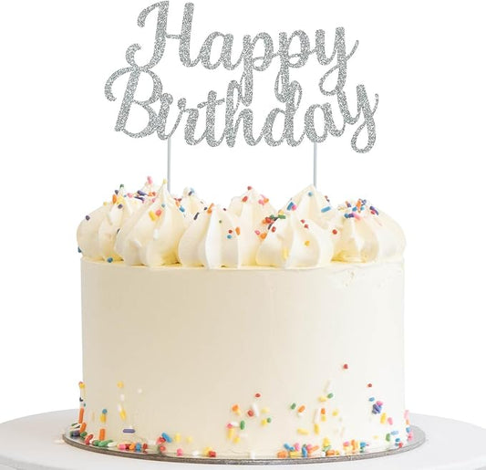 BEISHIDA Silver happy birthday Cake Topper, Happy Birthday Cake Bunting Decor,Birthday Party Decoration Supplies，Photo Booth Props