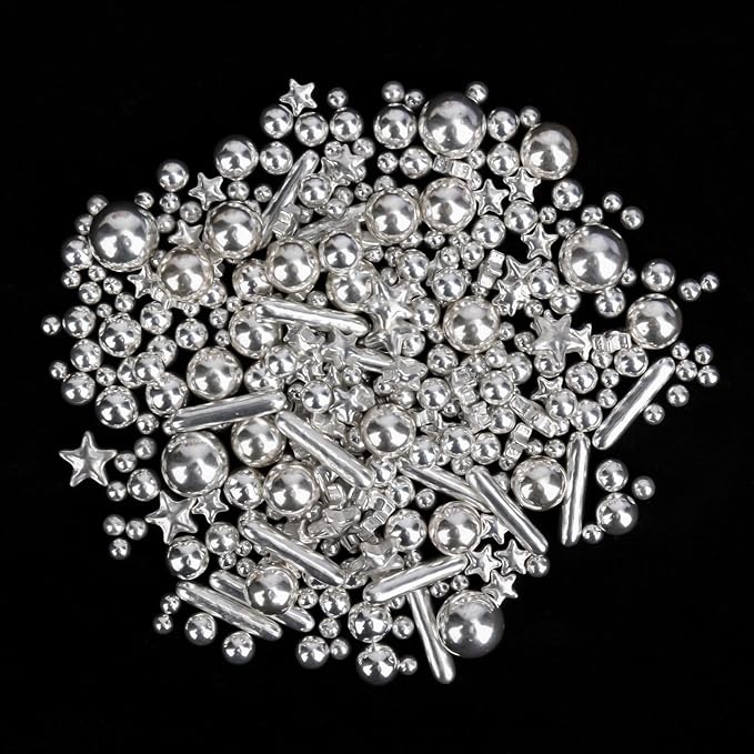 Twisweet Silver Pearl Rods Star Sprinkles, Edible Sugar Sprinkles for Cake Decorating, Mix Size Candy Pearls for Baking Cake Topper Ice Cream Cupcake Cookie Dessert Decorations, Wedding Valentines Birthday Christmas Easter Supplies (130g/4.58oz)