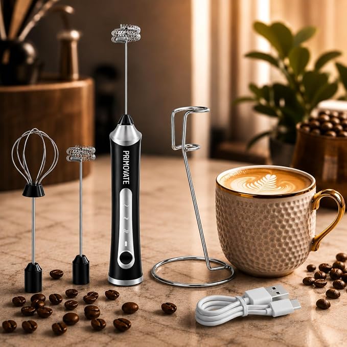 Rechargeable Milk Frother Handheld, Electric Coffee Frother with 2 Whisk, 3-Speed Powerful Drink Mixer, USB-C, Milk Foamer for Coffee,Latte,Cappuccino,Matcha & HotChocolate (Black+Stand)