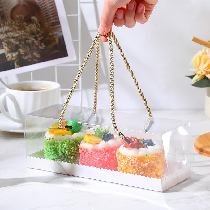Eaasty 80 Pcs 9 x 3 x 3 Inch Clear Cupcake Boxes with Handles Portable Gable Boxes Paperboard Plastic Rectangular Cupcake Containers Dessert Cookies Bakery Gift Containers for Party