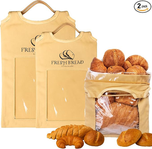 Reusable Linen Bread Bags for Homemade & Sourdough Bread – 2 Pack (XL & XXL) | Cloth Bread Bags with Clear Window, Zipper & Handle – Eco-Friendly Bread Storage Bags