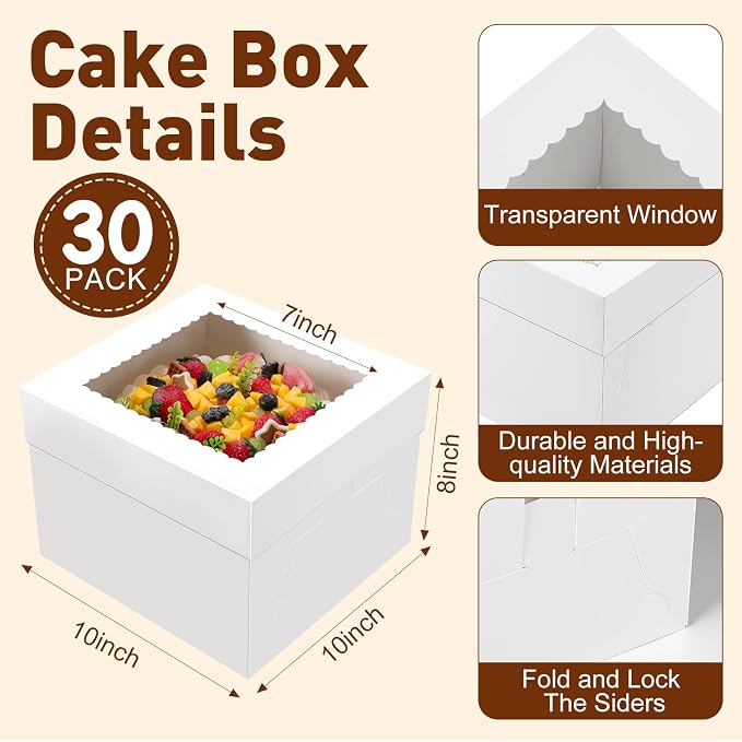 NEOACT 30Pcs Cake Boxes, 10x10x8 Inch Tall Bakery Boxes with Windows, Disposable Cakes Transport Containers with Lids for Cakes,Pie,Cupcakes, Pastry, Birthday, Wedding, Mother's Day
