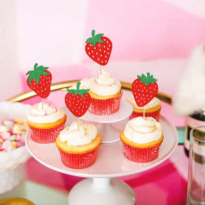 24pcs Glitter Red Strawberry Cupcake Toppers Red Strawberries Cupcake Picks for Strawberry Baby Shower Kids Boys Girls Berry Birthday Sweet Fruit Bridal Shower Wedding Party Cake Decorations