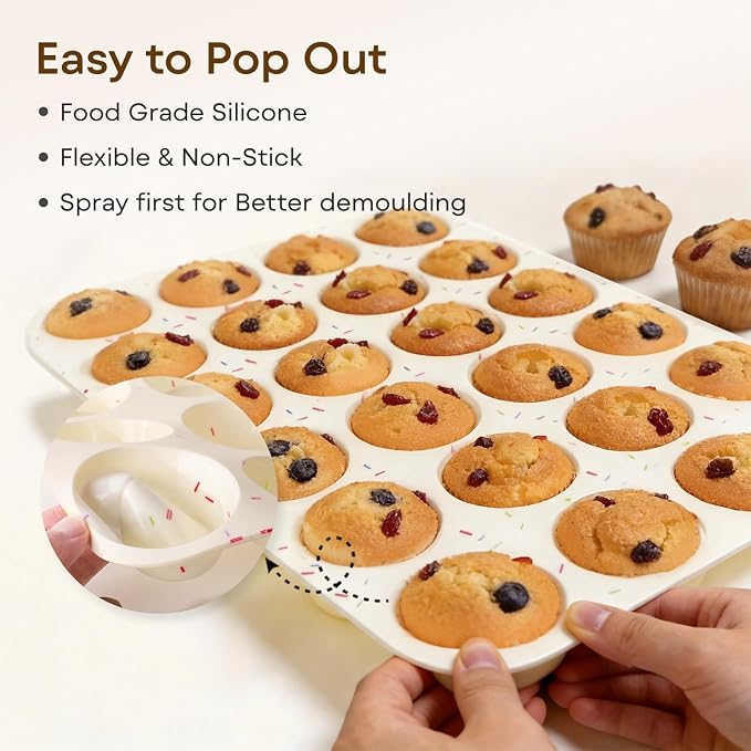 Silicone Muffin Pans for Baking Nonstick 2 Pcs, 24 Cup Mini Cupcake Pan, Food-Grade Silicone Baking Molds for Cupcakes, Freezer, White
