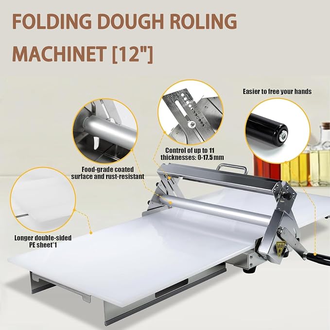 Folding Dough Sheeter | Manual Dough Rolling Machine | Stainless Steel | Adjustable Thickness with 0-27mm Settings | for Bread, Pastry, Croissants