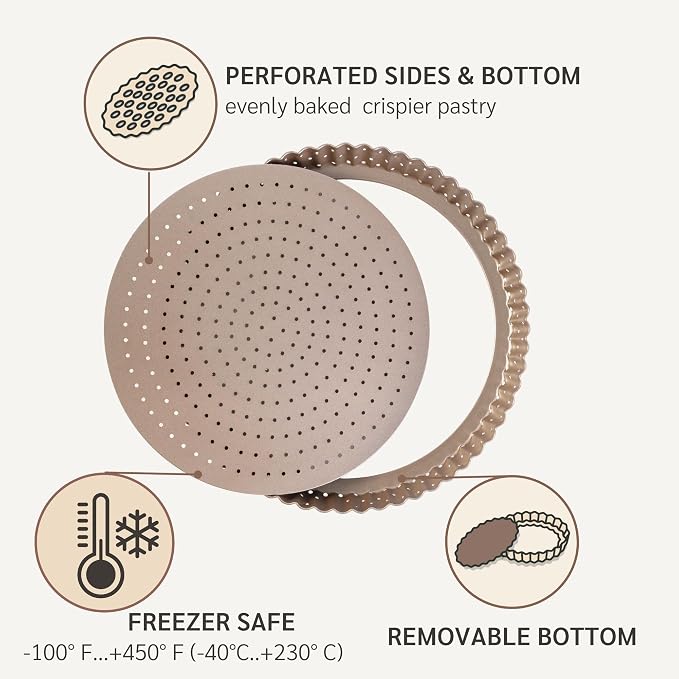 HAPPIELS 9in Tart Pan with Removable Bottom Nonstick, PFOA & BPA Free | Non Toxic Fluted Pie & Quiche Tin | Best Perforated Non Stick Nontoxic 9in Molds with Holes for Oven Baking