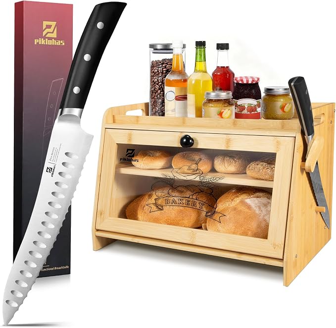 Piklohas 8 Inch Resharpenable Bread Knife+Bread Box for Kitchen Countertop