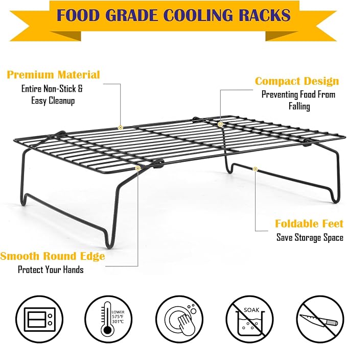 Leonyo Cooling Rack, 2 Tier Stainless Steel Stackable Baking Cooking Racks for Cooling Roasting Grilling, Collapsible & Heavy Duty, Oven Safe & Easy Clean, 15" x 10", Black