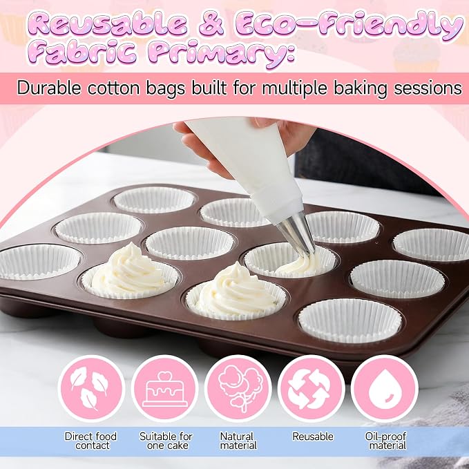 9 Piece Piping Bags and Tips Set, 16inch Reusable Pastry Bags for Cake Decorating, Cupcakes, Cookies, otton Baking Kit with Coupler, Stainless Steel Nozzles & Cleaner
