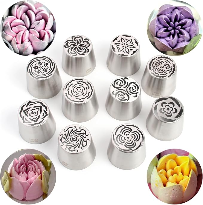 10 Pcs Extra Large Cake Decorating Russian Flower Piping Tips Set, Oversize Russian Flower Piping Tips, 2 Leaf Piping Nozzles,10 Disposable Pastry Bags with 1 Cleaning Brush for Cake Decorations