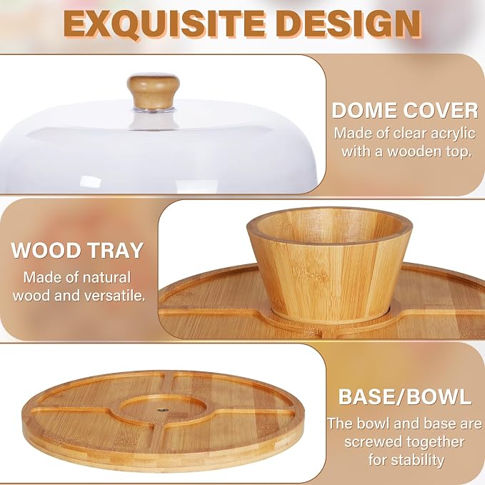 Bamboo Cake Stand with Lid, 6-in-1 Multifunctional Cake Plate, Cake Holder, Serving Tray, Fruit Platter, Salad Bowl, Dessert Table Display & Acrylic Cake Dome Cover