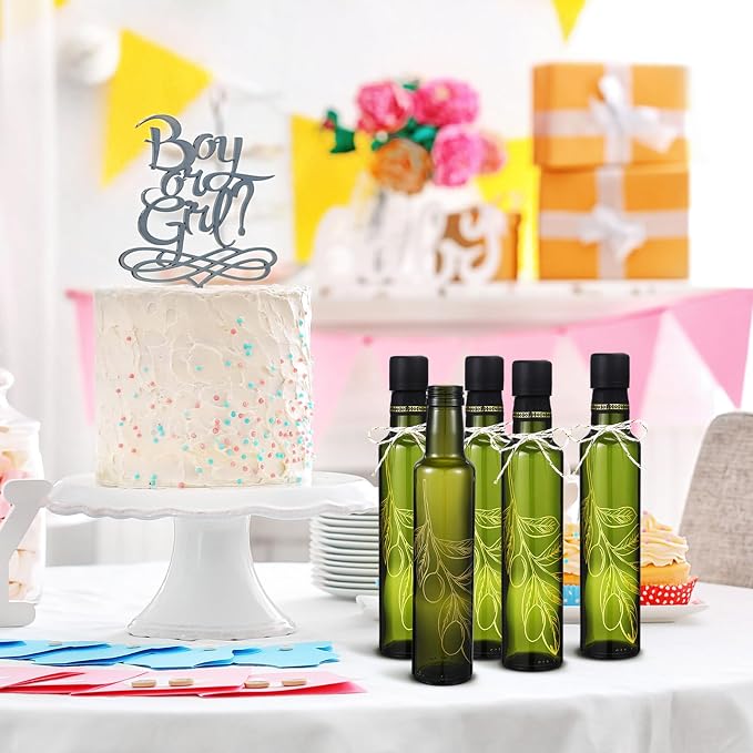 Reallnaive 12 Sets 8 oz Glass Olive Oil Bottles Empty Sauce Condiment Bottles with Tags and Twine and Funnel for Storing Homemade Oil Christmas Wedding Baby Shower Gifts(Olive Leaf, Dark Green)