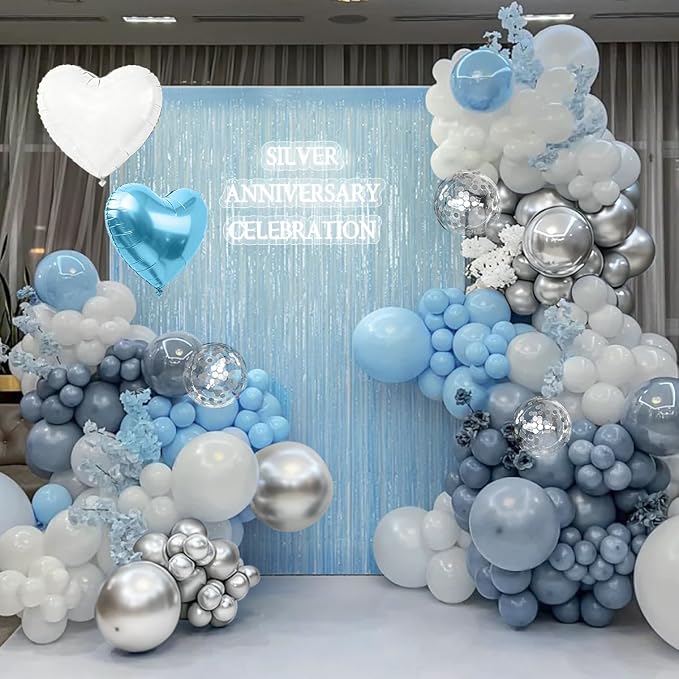 157PCS Pastel Blue Silver White Balloons Garland Arch Kit with Light Blue Fringe Curtain for Birthday Bridal Baby Shower Engagement Wedding Party Decorations