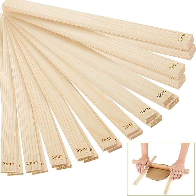 Sasylvia 20 Pcs Clay Pottery Rolling Pin Guides Wood Teaching Rolling Mud Stick Guide Set Polymer Clay Depth Thickness Guide Pottery Mudboard Tools (5 Size,Wood Color)