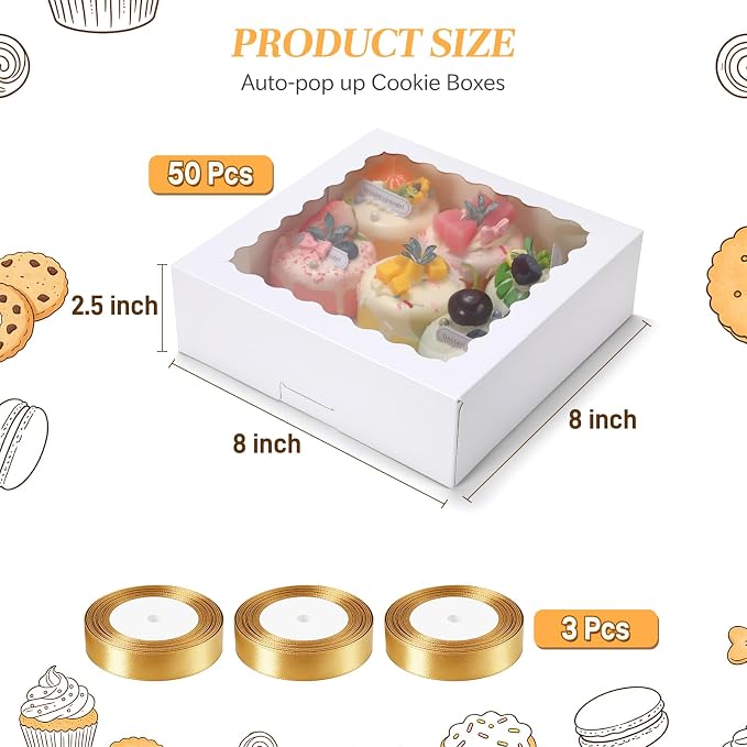 COTOPHER Auto Pop Up Cookie Box with Window 8x8x2.5 Inches – 50 Pack White Bakery Boxes with Gold Ribbon for Birthday Party Favors, Wedding, Christmas Gift Packaging for Cookies, Candy, Macarons
