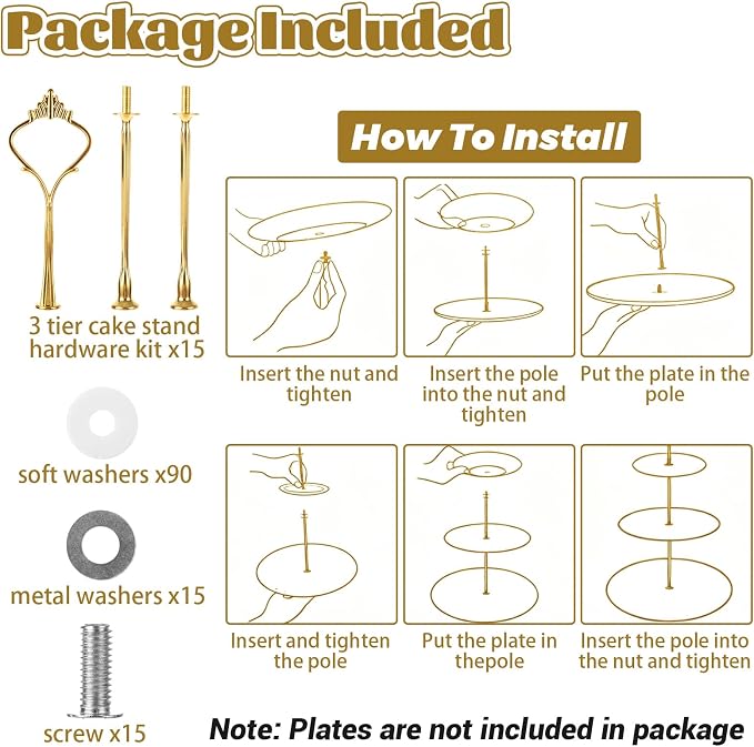 QTLCOHD 15 Sets 3 Tiered Cake Stand Hardware Kit, Zinc-Alloy, Gold Crown | Heavy Duty 3 Tier Cake Plate Handle Fitting Hardware Rod for Dessert Serving Trays Cupcake Fruit Holder