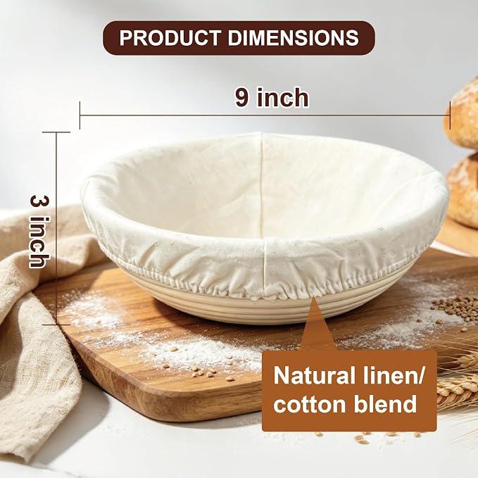 3 Pack Banneton Bread Proofing Basket, 9 Inch Round Sourdough Proofing Basket with Thick Liner, Splinter Free Food Grade Rattan Handwoven Bread Banneton for Home Baking
