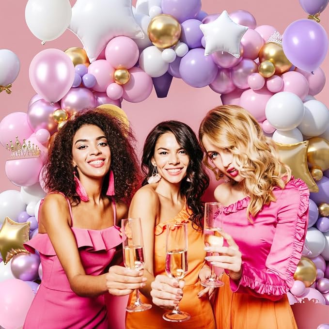 FunHot Pink Purple Balloon Arch Kit, Princess Balloon Garland, Pastel Pink Purple White Balloons Metallic Gold Star Foil Balloons for Girls Baby Shower Wedding Bridal Shower Birthday Party Decoration