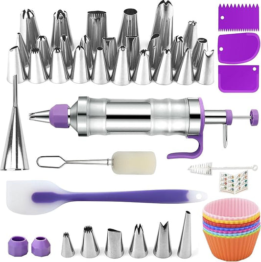 Dessert Decorating Syringe Set, Icing Piping Kit Stainless Steels Cake Decorating Tools 30 Piping Icing Nozzles Cupcake Decorating Kit - Purple