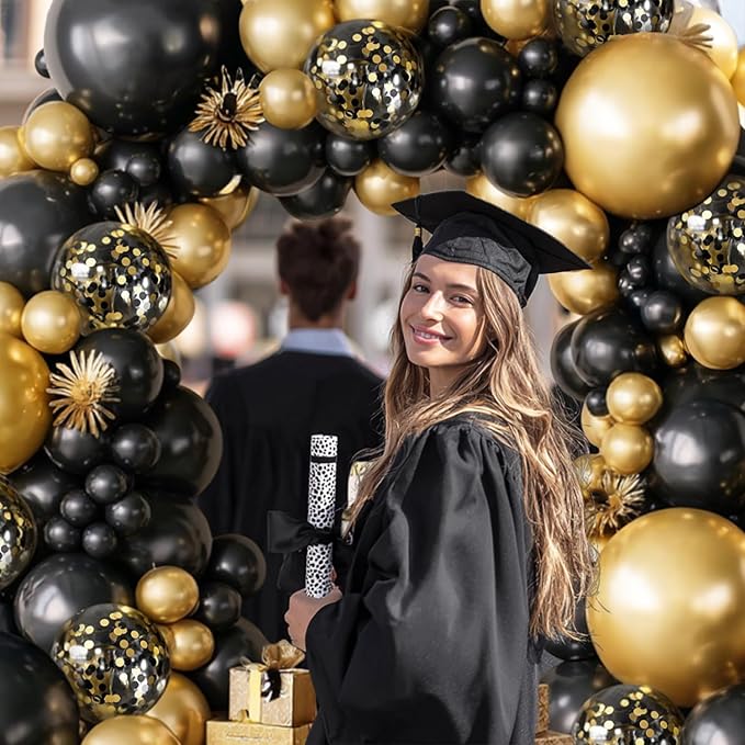Black and Gold Balloon Arch Kit - 144pcs Black and Gold Balloons Metallic Gold Confetti Balloons Different Sizes 18/12/10/5in for Birthday Wedding New years Graduation Masquerade Party Decorations