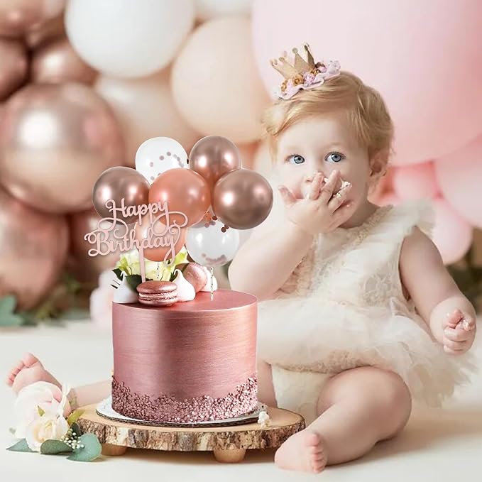 BEISHIDA Happy Birthday Cupcake Toppers - Rose Gold Mini Balloon Cloud Birthday Cake Decorations for Wedding Anniversary Baby Shower Supplies