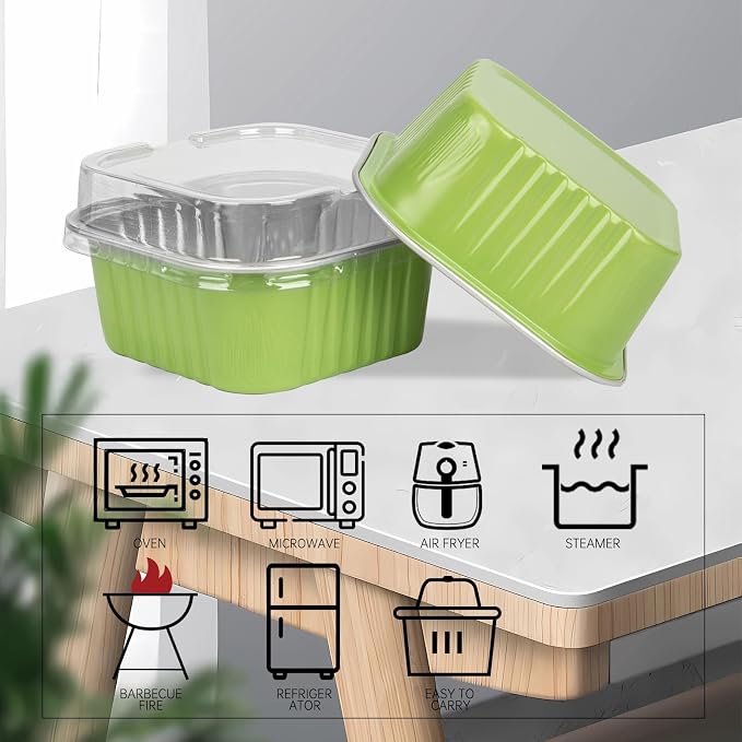 50 Pcs Mini Square Baking Cups with Lids,5oz Aluminum Foil Mini Cake Pans with Lids,Disposable Ramekins Cake Pans,150ml Dessert Cups Cupcake Pans for Wedding Birthday Party,Light Green