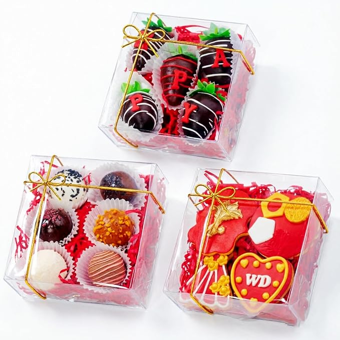 15 Pack Full Clear Chocolate Covered Strawberries Boxes 5x5x2 Inches Cookies Mini Bundt Cake Pie Cinnamon Roll Treat Chocolate Truffle Party Wedding Favor