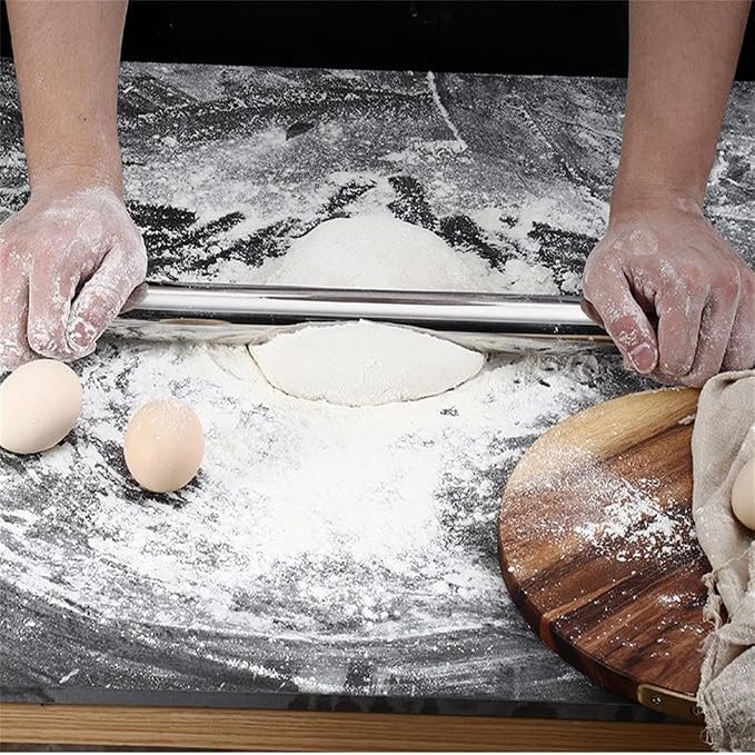 AMUZHI Smooth Seamless Stainless Steel Rolling Pin, 16.7in+Silicone mat | Easy to clean food grade metal, ideal for daily pizza, pie, pasta, dumpling and cookie dough household baking