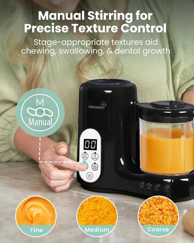 Grownsy Baby Food Maker with Steam Basket, One Step Baby Food Processor Steamer Puree Blender Grinder Mills Machine, Auto Cooking Grinding and Sterili-zing for Healthy Homemade Baby Food, Black