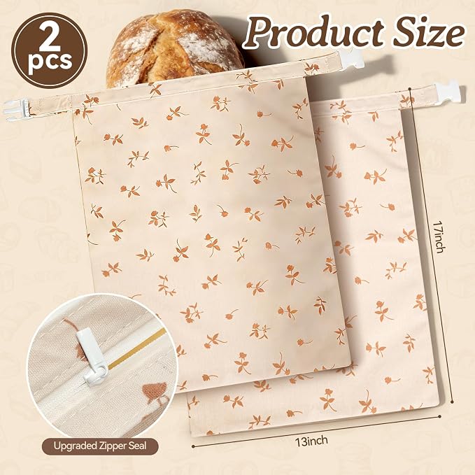 Beeswax Bread Bags for Sourdough, 2 pcs XL Zipper Reusable Bread Bags for Homemade Bread Soudough, Natural Cotton Linen Food Storage Bag for Picnics, Pantry, Long-Lasting Freshness (Rose Pattern)