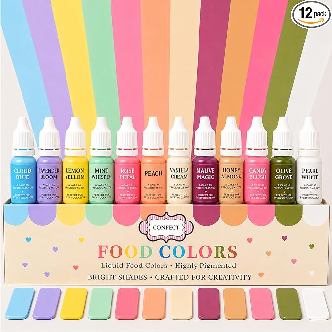 Confect Pastel Elegance Water Color Food Coloring Set – Highly Pigmented Oil Based Food Colors for Cakes, Buttercream, Drinks, Popsicles & Baking – 12 Pack × 10mL