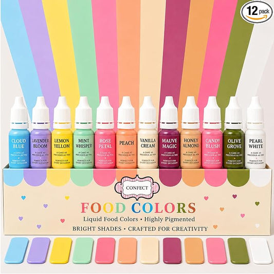 Confect Pastel Elegance Water Color Food Coloring Set – Highly Pigmented Oil Based Food Colors for Cakes, Buttercream, Drinks, Popsicles & Baking – 12 Pack × 10mL