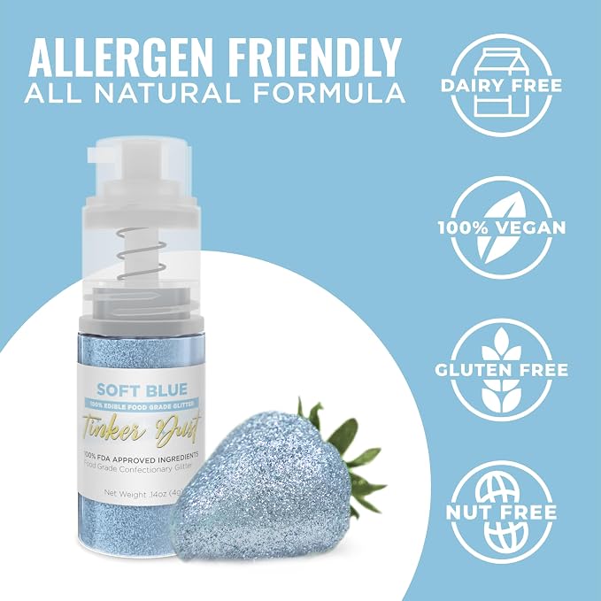 Bakell - Soft Blue Tinker Dust (4g, 1x Mini Spray Pump) Edible Glitter for Food, Desserts, and Baked goods!