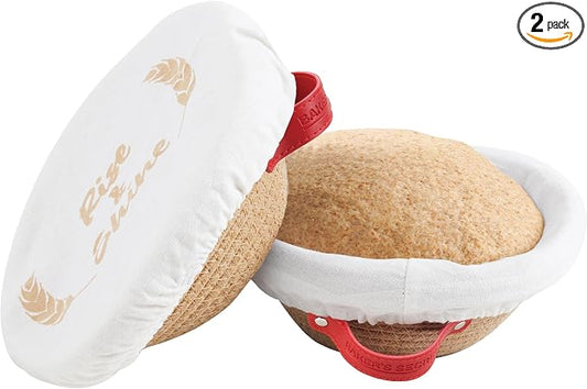 Baker's Secret Cotton Rope Banneton Bread Proofing Basket Set, 2 x Round Bread Basket with Liners & Covers for Artisan Bread Baking, Sourdough Bread Baking Supplies