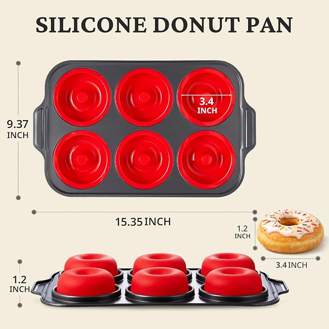 BRONYPRO Silicone Donut Pan for Baking with Metal Reinforced Frame, 6-Cavity Nonstick Doughnut Mold, Large Donut Size, Food-Grade Bakeware, Oven Dishwasher Freezer Safe, Red