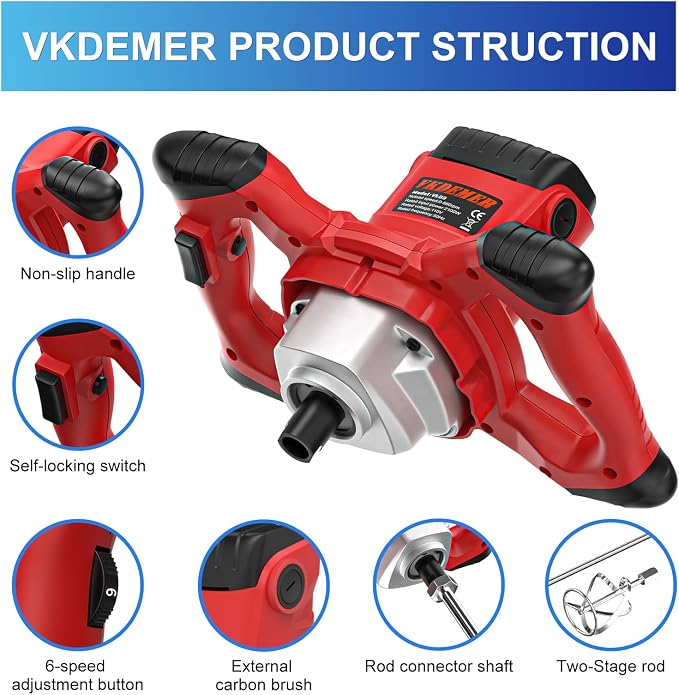 Electric Handheld Cement Mixer, Portable Mortar Mixer with 6 Adjustable Speed, 110V Mud Mixer for Mixing Plaster,Cement, Paint, Fodder