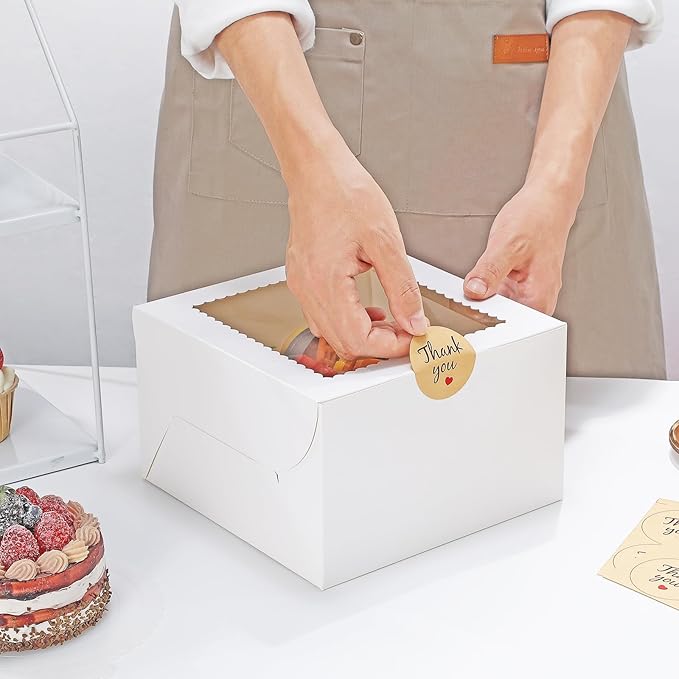 Small Cake Boxes 8 Inch with Window, 48 Set Bakery Boxes with Cake Boards & Stickers, Cupcake Box for Birthday, Party, Wedding, Mother's Day, Valentine's Day, Christmas（8x8x5 inch）
