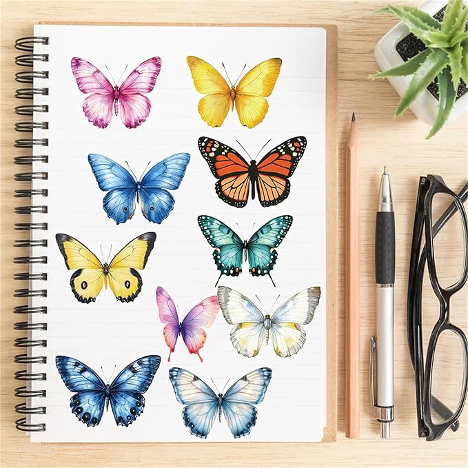 Butterfly Transparent PET Stickers Pack, 50PCS, Colourful-B5 | Aesthetic Colorful Lifelike, Waterproof Vinyl, For Scrapbook Party Favors, For Teens Adults
