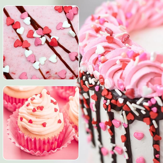 Twisweet Mini Heart Sprinkles for Cake Decorating, Edible Red Pink White Sugar Sprinkles, Mix Baking Candy, Cupcake Topper Cookie Ice Cream Cake Decorations, Valentine Mother's Day Birthday Wedding Party Supplies (100g/3.53oz)
