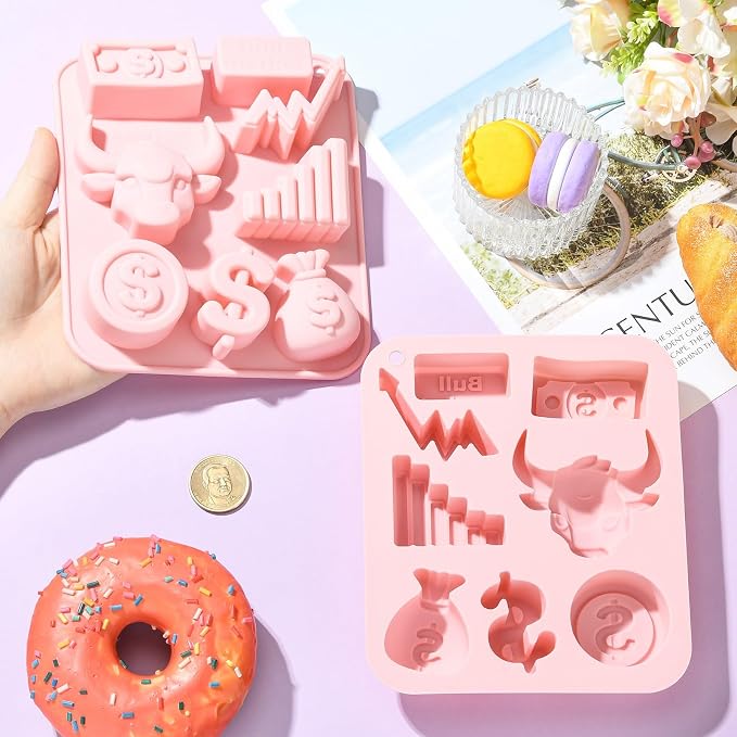 Ipotkitt 2pcs Pink Stock Market Themed Silicone Candy Molds Money Dollar Sign Bull Market Gummy Molds for Jelly Fondant Chocolate Candy Ice Cake DIY Crafts