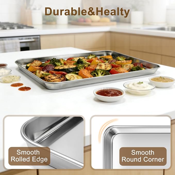 Baking Sheet Set of 4, Stainless Steel Cookie Sheets Baking Pan, 9.4/10.5/12.3/15.8 Inch, Thicker and Firmer, BPA Free Non-Stick, Resistant & Nonstick & Non Toxic & Easy Clean