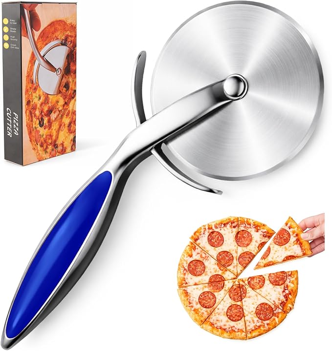 Pizza Cutter Wheel, Sharp Stainless Steel Pizza Slicer with Finger Guard, Non-Slip Comfortable Handle, Multi-Purpose Kitchen Cutter for Pizza, Pie, Dough and Pastry, Easy to Clean,Blue